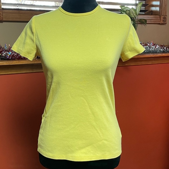 LAUREN RALPH LAUREN RIBBED COTTON SHORT SLEEVE TEE. SIZE PETITE SMALL. YELLOW. - Picture 1 of 8
